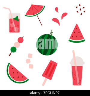 Ensemble d'illustration de conception plate d'éléments d'été sur le thème de la pastèque, y compris des tranches de fruits, des boissons, du popsicle, un parapluie et une brochette, isolé sur le bac blanc Illustration de Vecteur