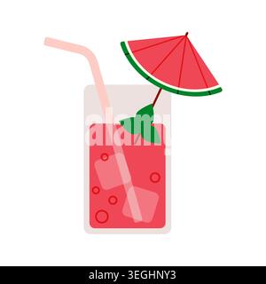 Illustration de conception plate d'un cocktail de pastèque rose dans un grand verre avec de la glace, des feuilles de menthe, une paille rose et un parapluie de tranche de pastèque, isolé o Illustration de Vecteur