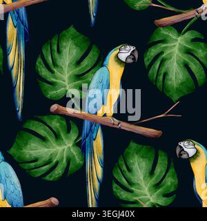 Perroquet et monstera modèle sans couture, illustration aquarelle avec des oiseaux tropicaux assis sur des branches et des feuilles vertes, pour le textile, le tissu, le papier peint, l'emballage et la conception de surface Banque D'Images