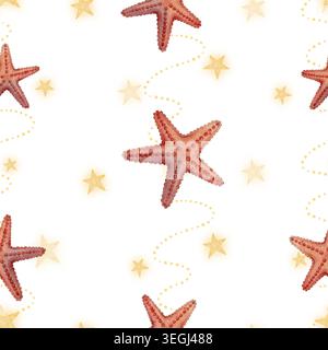 Motif sans couture avec étoile de mer rouge et petites étincelles dorées. Illustration de dessin d'aquarelle dessinée à la main avec des éléments océaniques marins. Idéal pour papier peint textile papier d'emballage. Banque D'Images