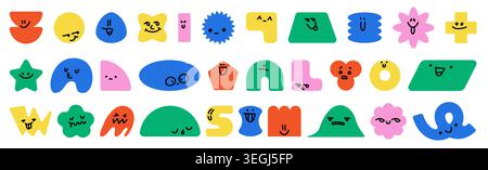 Formes de dessin animé mignonnes avec des visages drôles et des sourires heureux, ensemble vectoriel isolé sur fond blanc. Personnages géométriques colorés avec des yeux et des émotions différentes, des conceptions d'enfants et des projets créatifs. Illustration de Vecteur