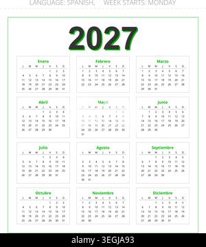 Calendrier vectoriel espagnol moderne 2027 pour l'Espagne avec une mise en page annuelle simple et un modèle vertical professionnel Illustration de Vecteur