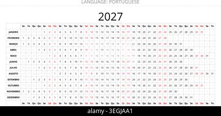 Calendrier de planificateur linéaire portugais imprimable 2027 pour le Portugal avec mise en page organisée du calendrier annuel Illustration de Vecteur