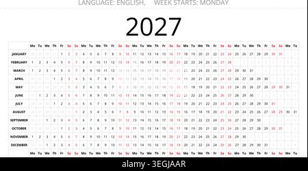 Calendrier linéaire anglais imprimable 2027 avec structure de planificateur organisée et mise en page annuelle simple Illustration de Vecteur