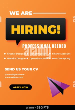 Modèle de circulaire de recrutement orange vif moderne avec un « We are Hiring ! » Noir bulle de parole, une icône d'avion en papier violet, et travail professionnel v Illustration de Vecteur