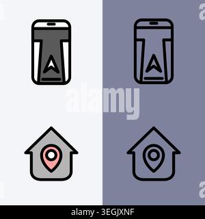 Cet ensemble d'icônes comprend un smartphone affichant une carte de navigation et une maison avec une épingle de localisation, parfait pour les applications ou les sites Web liés à la localisation serv Illustration de Vecteur