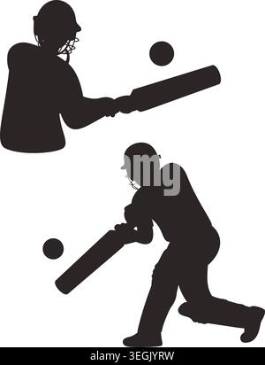 Ensemble silhouettes de batteurs de cricket. Joueurs professionnels dans des casques avec des chauves-souris et balle en pleine hauteur figure de joueur dans des poses d'action. Vector illustrati Illustration de Vecteur