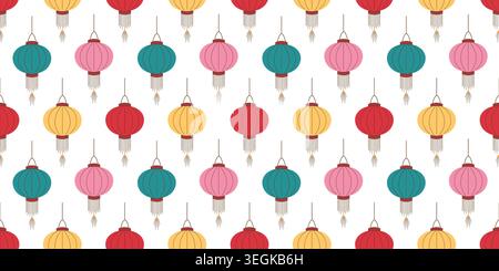 Modèle sans couture avec lanternes en papier suspendues colorées pour le nouvel an chinois. Fond traditionnel de décoration festive. Illustration en style plat pour Illustration de Vecteur