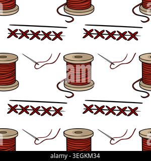 Modèle vectoriel sans couture de bobines de fil rouge et broderie au point de croix avec des aiguilles Illustration de Vecteur