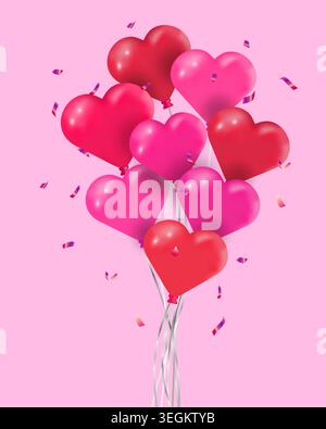 Ballons coeur Saint-Valentin de couleur rose et rouge avec serpentine ou confettis. Conception vectorielle. Illustration de Vecteur