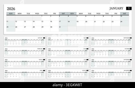Calendrier 2026 ou planificateur 12 mois mise en page, la semaine commence le dimanche, une grille avec deux semaines de suite, conception vectorielle propre et simple. Illustration de Vecteur