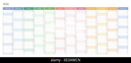 planificateur de 2026 ans, calendrier annuel coloré, organisateur de grand mur sur fond blanc. Conception vectorielle. Illustration de Vecteur