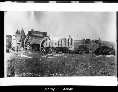 Des pièces d'artillerie turques sont abandonnées sur le champ de bataille de Kumanovo pendant la première guerre des Balkans en 1912, montrant les armes laissées après l'engagement militaire en Macédoine du Nord. Image d'archive. Banque D'Images