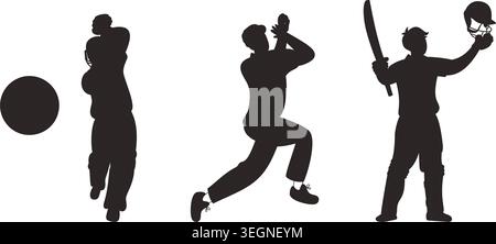 Jeu de silhouettes pour joueurs de cricket. Les crickets professionnels en action et en posture de célébration de la victoire. Illustration vectorielle. Dessins noirs isolés sur Whit Illustration de Vecteur