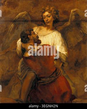 Jacob lutte avec l'Ange (vers 1659), Kunstwerk von Rembrandt Harmenszoon van Rijn (geb. 15. Juillet 1606 à Leyde, Gest. Oktober 1669 in Amsterdam), bekannt unter seinem Vornamen Rembrandt, Gilt als einer der bedeutendsten und bekanntesten niederländischen Künstler des Barock. Reproduktion von einer Vorlage aus dem damaligen Jahrhundert. Authentisch, Datei restauriert für optimal Verwendung, genaues Datum der Vorlage unbekannt Banque D'Images