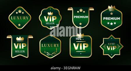Étiquettes de ruban d'or vert premium, emblèmes de luxe, icônes vectorielles réalistes isolées sur fond noir. Élégantes bannières dorées, étiquettes pour les récompenses VIP, certificats, promotions exclusives, cadre de badge de sceau Illustration de Vecteur