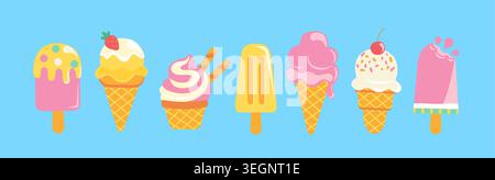 Ensemble de crèmes glacées sucrées. Délicatesse estivale avec différents goûts. Cônes de crème glacée isolés et popsicle avec garniture différente. Sundaes, gelatos pour flyers, menu, web, design, impression. Illustration vectorielle Illustration de Vecteur