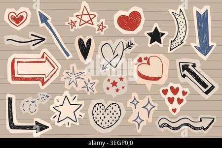 Ensemble de scrapbook de flèches de doodle, de coeurs et d'étoiles sur fond de page de cahier. Illustration vectorielle de signes dessinés par crayon de couleur ou marqueur sur des autocollants de découpe de papier, icônes de croquis pour collage grunge Illustration de Vecteur