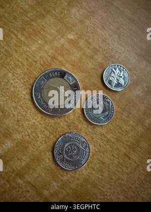Gros plan au-dessus de quatre pièces d'or différentes des Antilles néerlandaises, y compris une pièce de Curaçao, reposant sur une surface en bois texturée. Banque D'Images