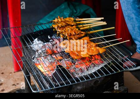 Les brochettes de porc Thit Nuong vietnamiennes traditionnelles sont grillées sur du charbon de bois brûlant chaud dans un étal de marché de nourriture de rue en plein air à Hoi an Vietnam Banque D'Images