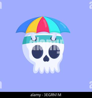 Mignon crâne portant chapeau parapluie illustration de dessin animé Illustration de Vecteur