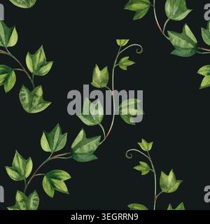 Motif aquarelle sans couture avec d'élégantes branches de lierre vert et des brindilles grimpantes avec des feuilles. Illustration botanique délicate pour invitations de mariage Banque D'Images
