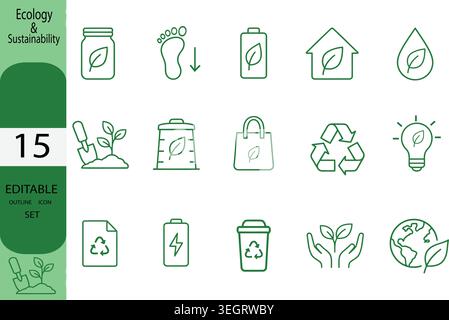 Jeu d'icônes vectorielles modifiables contenant 15 symboles d'écologie et de durabilité, y compris le recyclage, l'énergie verte, l'empreinte carbone et l'éco-ami Illustration de Vecteur