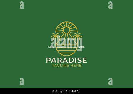 Modèle de conception de logo d'art de ligne de coucher de soleil Paradise avec palmiers et rayons de soleil badge ovale pour le style de vie de villégiature de voyage d'entreprise vintage Illustration de Vecteur