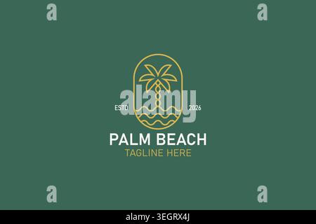 Modèle de conception de logo Palm Beach avec palmier et vagues de mer dessin de ligne ovale badge pour entreprise de tourisme de marque Illustration de Vecteur