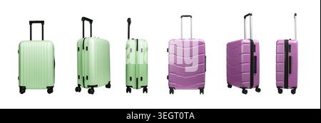 Ensemble de valises de voyage colorées dans différentes positions isolées sur fond blanc. Collection de bagages à roulettes vues, y compris la face avant et le PER Banque D'Images