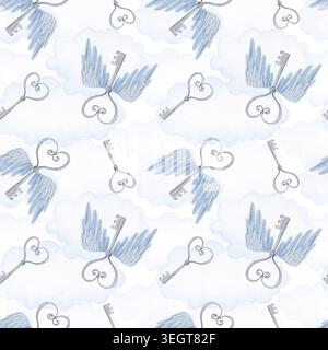 Motif aquarelle sans couture avec des touches vintage en forme de coeur volant et des nuages. Design fantaisie pour textile, papier d'emballage, cartes Banque D'Images