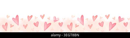 Bordure sans couture aquarelle avec des coeurs mignons sur fond doux isolé sur blanc. Design romantique pour cartes de Saint-Valentin, textile Banque D'Images