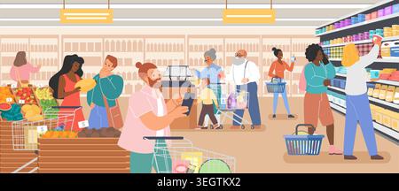 Foule de clients divers magasinant dans l'intérieur moderne des supermarchés, choisissant l'épicerie, poussant des chariots et des paniers le long des allées des magasins avec des produits alimentaires et des étagères, illustration vectorielle du commerce de détail Illustration de Vecteur