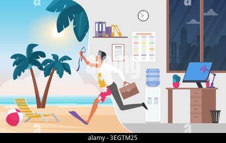 Homme d'affaires dans le bureau se précipitant aux vacances de plage tropicale, tenant porte-documents et tuba, scène divisée montrant l'équilibre de la vie professionnelle, vacances d'été et illustration vectorielle de concept de relaxation Illustration de Vecteur