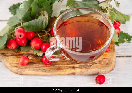 Thé parfumé aux baies d'aubépine d'automne. Boisson chaude biologique à base de plantes à base de baies d'aubépine de forêt sauvage, sur fond de bois blanc Banque D'Images