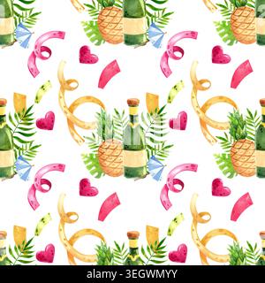 Motif sans couture d'été avec ananas et champagne, décoré de confettis festifs. Illustration d'aquarelle dessinée à la main pour la décoration de fête. Suita Banque D'Images