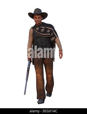 Homme dans des vêtements vintage Wild West avec chapeau de cow-boy marchant vers le spectateur avec le fusil dans sa main droite. Illustration 3D isolée sur un backgrou blanc Banque D'Images