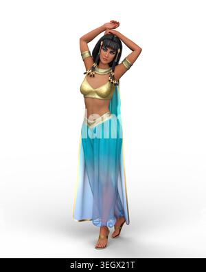 Belle femme égyptienne posant en tenue dorée et bleue. Illustration 3D isolée sur fond blanc. Banque D'Images