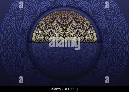 Un motif circulaire complexe avec des détails ornés sur un fond bleu foncé Illustration de Vecteur