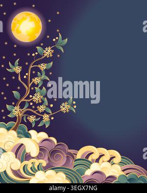 Bannière portrait verticale modifiable du Festival de la mi-automne avec pleine lune et nuages et espace de copie pour les médias sociaux, les publicités et le Web. Illustration de Vecteur