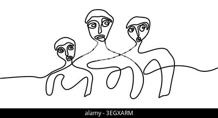 Art en ligne continue de l'abstrait minimaliste trois visages de personnes divers Illustration de Vecteur