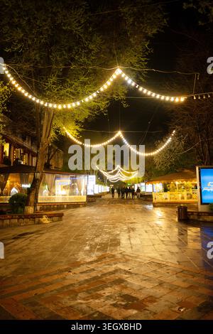Scène de nuit de rue piétonne avec des guirlandes lumineuses suspendues entre les arbres. Le pavé de pierre humide reflète la lueur chaude des lanternes au-dessus. Les gens marchent lentement Banque D'Images