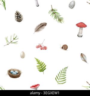 Motif sans couture des bois avec champignons forestiers, fougères, baies, plumes et feuilles d'automne sur fond blanc. Elément naturel dessiné à la main pour tissu Banque D'Images