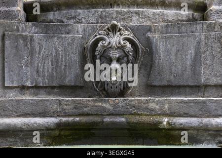 Détail de fontaine de tête de lion en pierre sur l'architecture historique à Las Palmas de Gran Canaria, Espagne. Banque D'Images