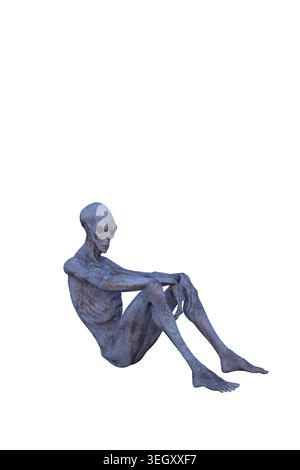 Créature extraterrestre à la peau gris bleu assise sur le sol. Illustration 3D isolée sur fond blanc. Banque D'Images