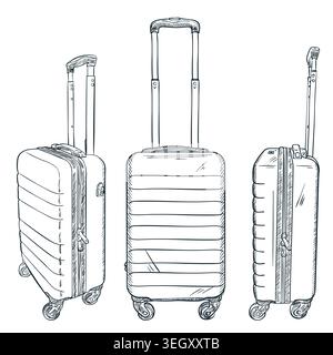 Illustration vectorielle d'esquisse de valises de voyage avec poignées télescopiques. Dessiné à la main trois vues de sac à bagages roulant. Éléments de conception pour le tourisme Illustration de Vecteur