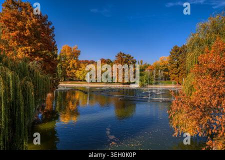Parc public avec des fontaines et des arbres d'automne colorés autour d'un étang sous le ciel bleu dans Alexandru Ioan Cuza Park, Bucarest, Roumanie Banque D'Images