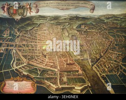 Une carte de Paris du début du XVIIe siècle, réalisée par Giovanni Maria Tamburini, est exposée dans la collection du musée Carnavalet. Banque D'Images