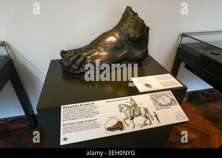 Le pied gauche en bronze de la statue équestre détruite du roi Louis XIV par François Girardon est exposé au musée Carnavalet à Paris. Banque D'Images