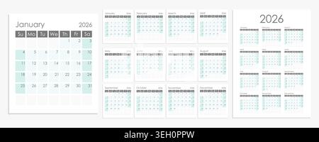Calendrier 2026 modèle bleu et blanc, la semaine commence le dimanche. Conception vectorielle. Illustration de Vecteur
